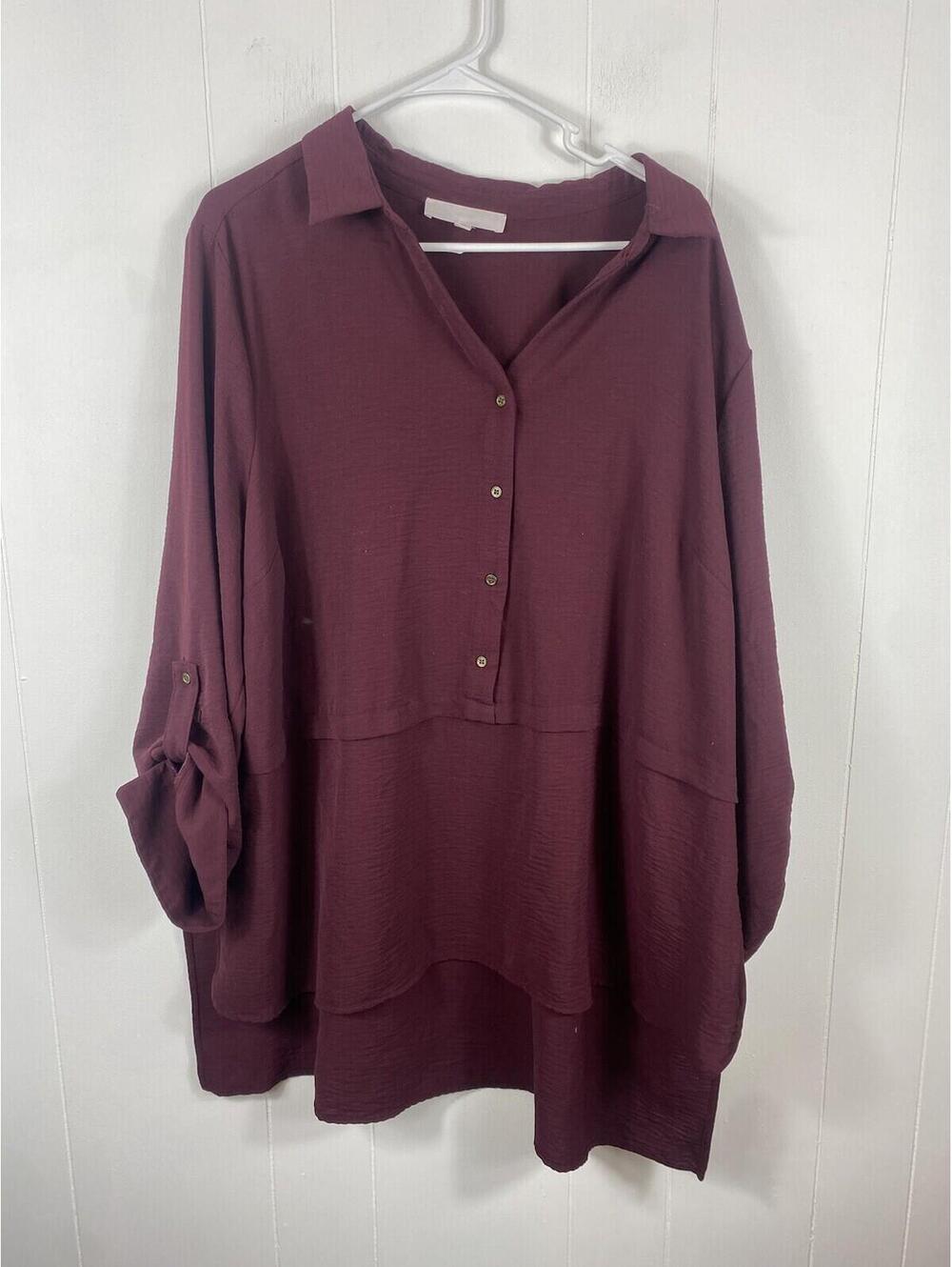 Adyson Parker Blouse Women 2X Burgundy Roll Tab Long Sleeve Tunic Henley Casual